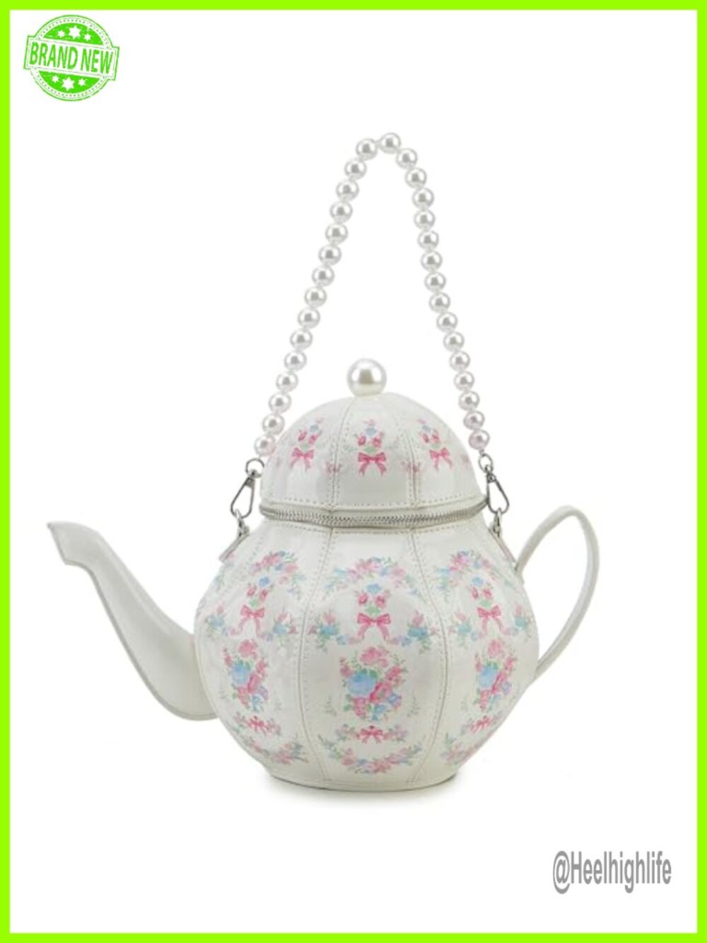 Floral Faux Leather Teapot Shaped Purse Pearl Chain Crossbody Bag